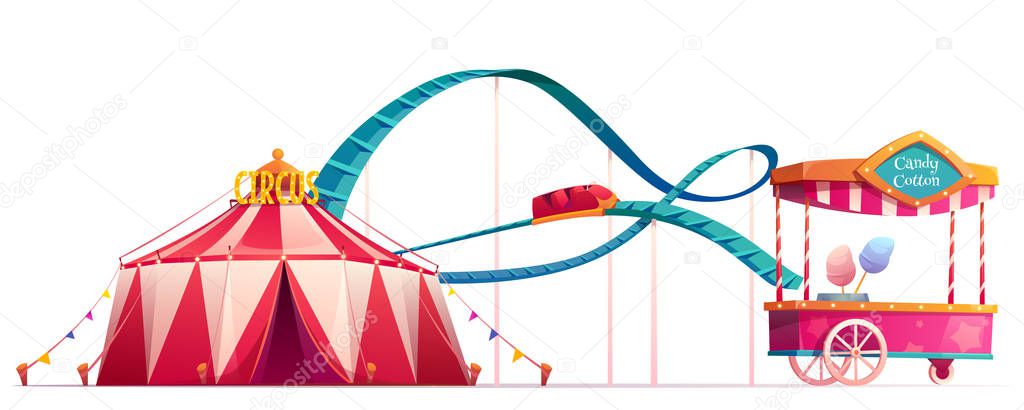 Amusement park with circus and roller coaster