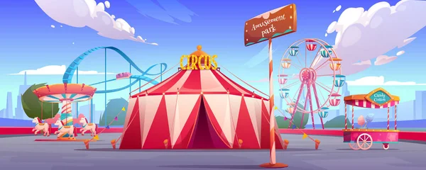 Parque de atracciones con carpa de circo, noria — Vector de stock