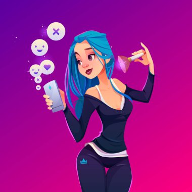 Mavi saçlı kadın güzellik blogcusu makyaj yapıyor