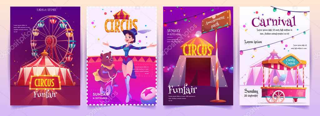 Circus show placards set. Amusement park banners