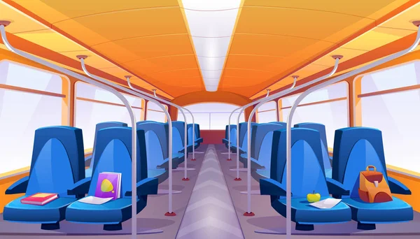 Vetor vazio interior ônibus escolar com assentos azuis — Vetor de Stock