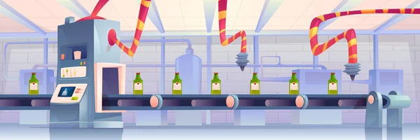 Bottles on conveyor belt at factory. Automation — Stock Vector
