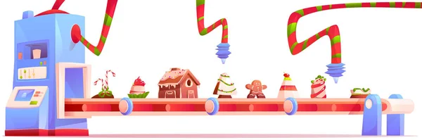 Förderband mit Weihnachtsbonbons und Süßwarenfabrik — Stockvektor