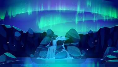 Gece gökyüzünde ve şelalede Aurora borealis