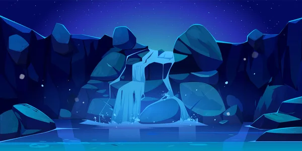 Cascade de dessin animé vectoriel et rochers la nuit — Image vectorielle