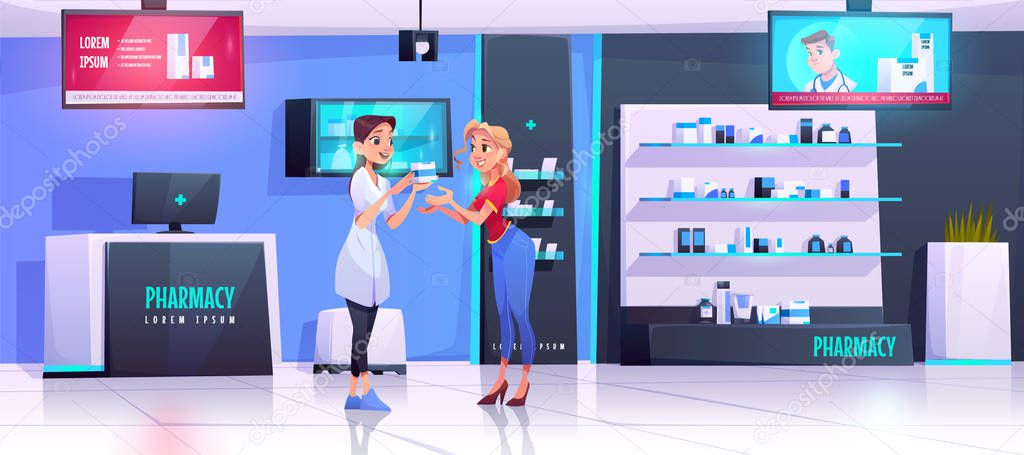 Pharmacist serves client in pharmacy