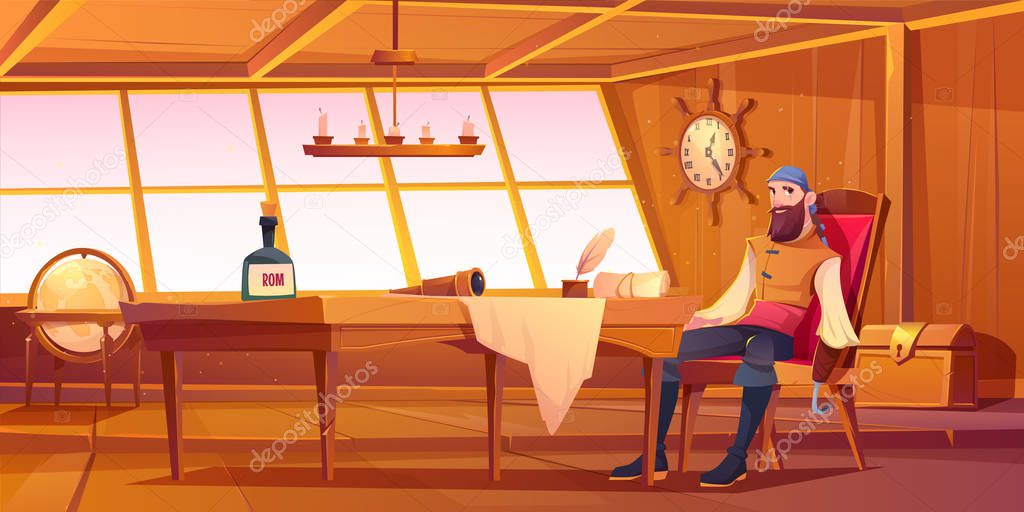Pirate captain, interior of ship cabin
