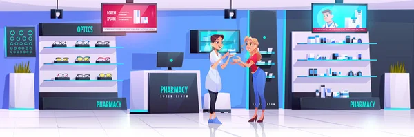 Pharmacist serves client in pharmacy with optics — 스톡 벡터