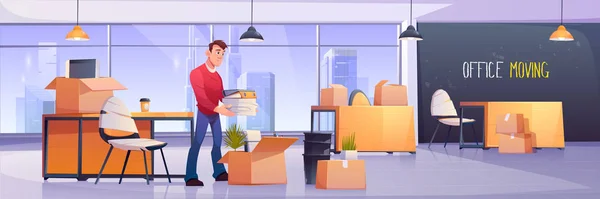 Office moving, manager folds documents in boxes — Stockový vektor