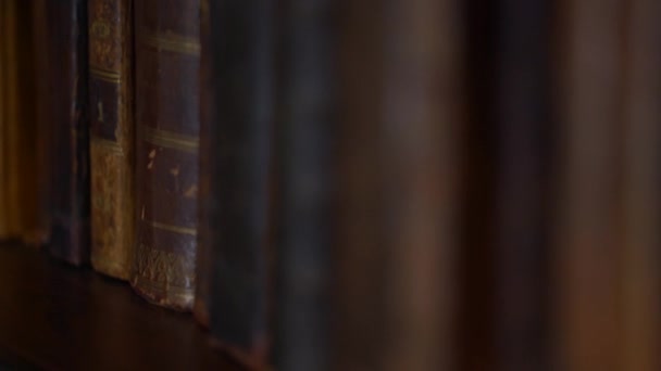 Karanlık Bir Kütüphane Odasındaki Rafta Duran Antika Antika Kitapların Üzerindeki — Stok video