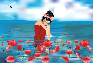 Girl, sea and poppies clipart
