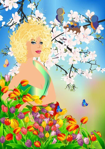 Ms. spring in flowers — Stock Vector