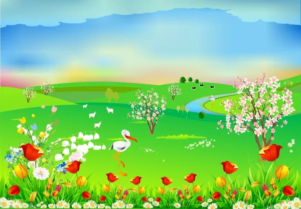 Paisagem de primavera com cegonhas —  Vetores de Stock