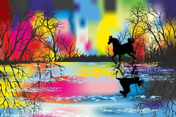 Regenboog landschap met een paard — Stockvector