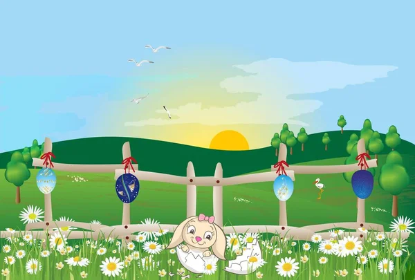 复活节的早晨与复活节彩蛋和野兔 — 图库矢量图片