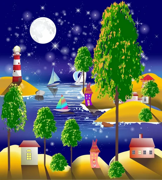 Composición Con Paisaje Costero Faro Luna — Vector de stock