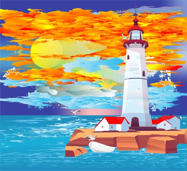 Composition Lighthouse Backdrop Colorful Sky — Stock Vector