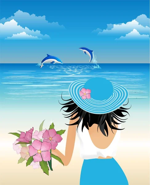 Романтична Композиція Показує Жінку Блакитному Капелюсі Дивиться Дельфіни — стоковий вектор