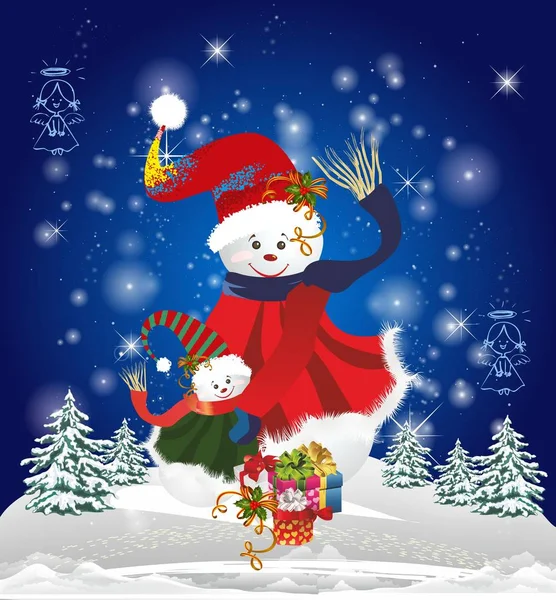 圣诞节的作文 两个雪人站在那里 面前有礼物 — 图库矢量图片