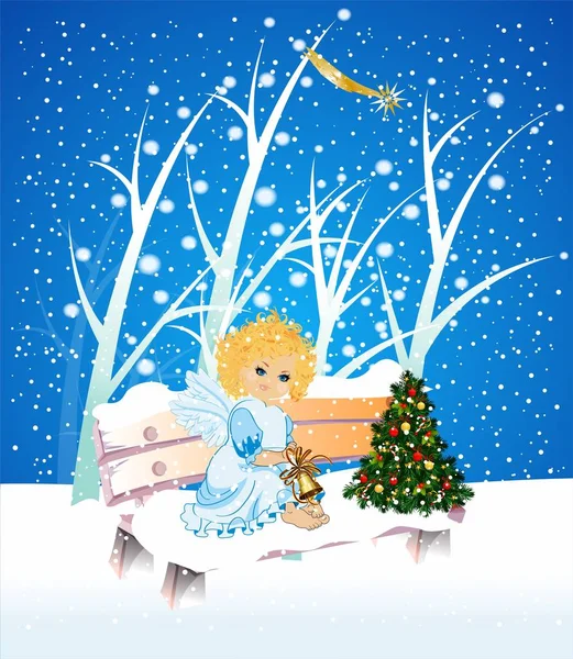 圣诞作文 有一棵圣诞树和一个坐在长椅上的天使 — 图库矢量图片