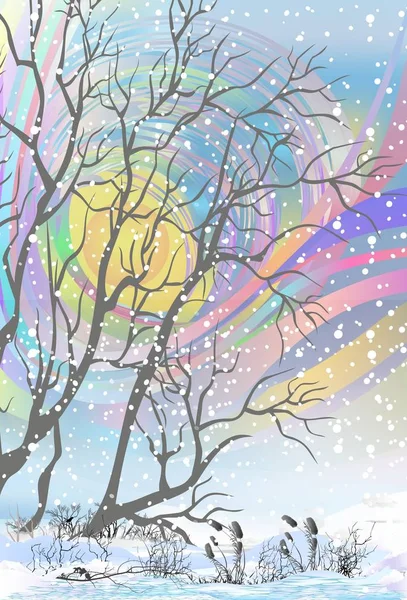 Komposition Mit Einem Baum Ohne Laub Steht Inmitten Des Schnees — Stockvektor