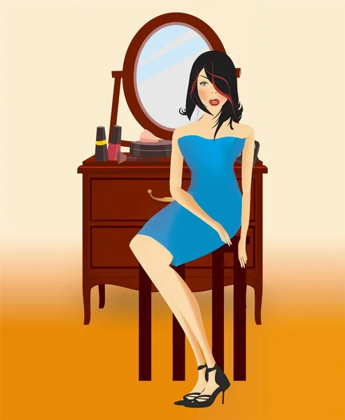 Composition Girl Who Wearing Blue Dress Sitting Front Mirror — Stock Vector