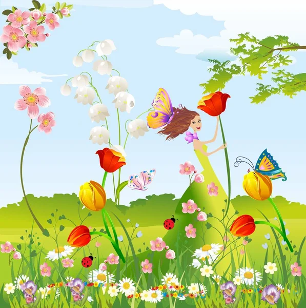 春天的作曲 一个女孩站在草地上 手里拿着郁金香 — 图库矢量图片