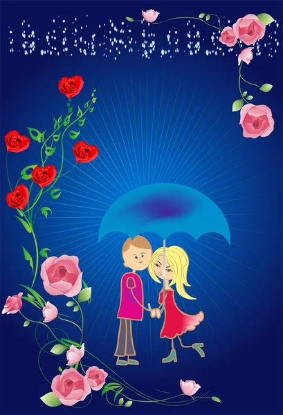 Composition Girl Boy Who Standing Umbrella — Stock Vector