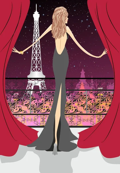 Composition Depicting Woman Who Stands Balcony Looks Night Paris — Stock Vector