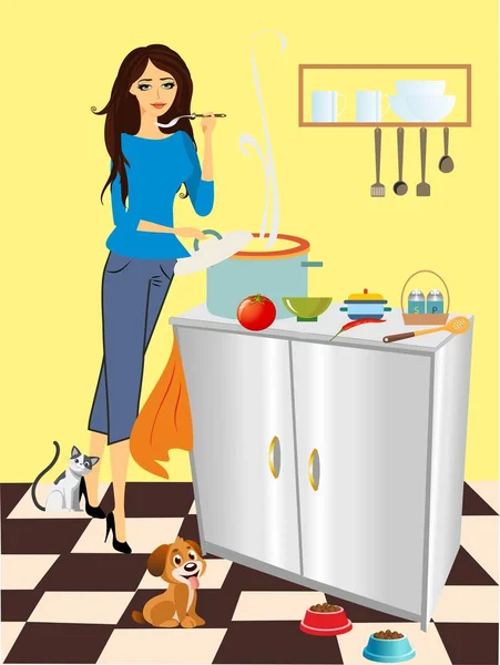 Composition Woman Who Tries Eat Bar Next Her Floor Dog — Stock Vector