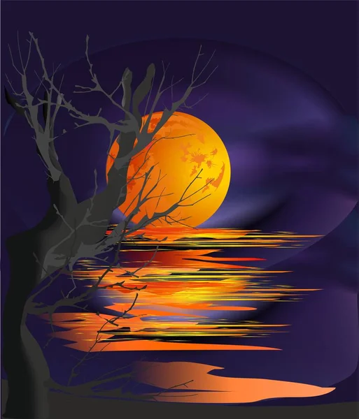 Composition Romantique Montrant Une Baie Avec Une Lune Orange — Image vectorielle