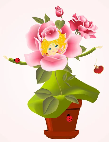 Kompozice Růžovými Růžemi Dívčí Hlavou — Stockový vektor