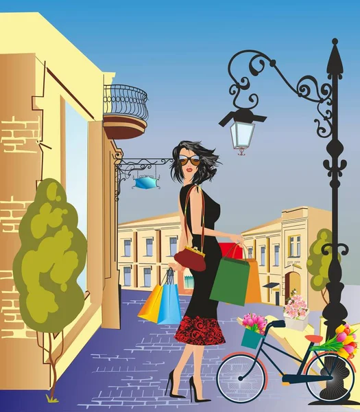 Kompozycja Przedstawiająca Dziewczynę Okularach Przeciwsłonecznych Która Idzie Zakupy — Wektor stockowy