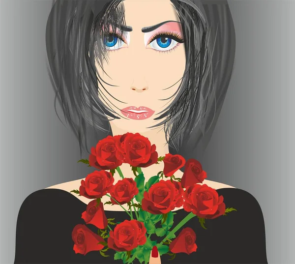 Композиція Жіночого Дня Жінкою Яка Тримає Букет Троянд — стоковий вектор