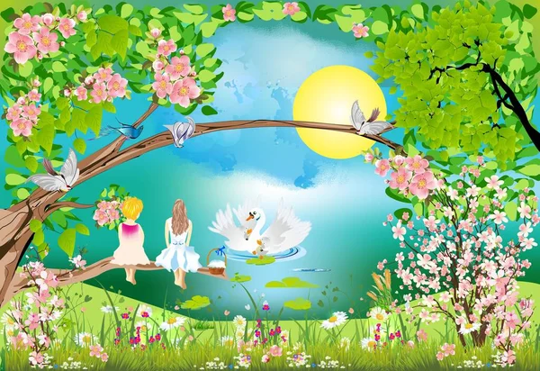 Composition Girls Who Sitting Branch Looking Swans — Stock Vector