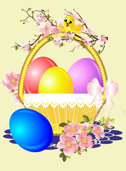 Easter Composition Basket Easter Eggs Chicken — Stock Vector
