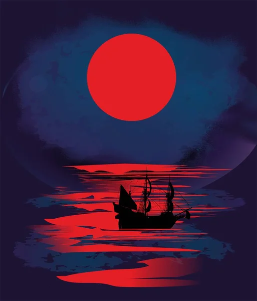 Composition Ship Sails Background Red Moon — Stock Vector