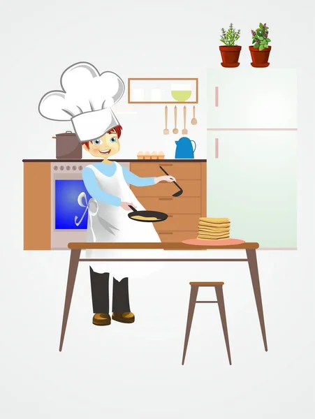 Composition Avec Jeune Chef Qui Cuisine Des Crêpes — Image vectorielle