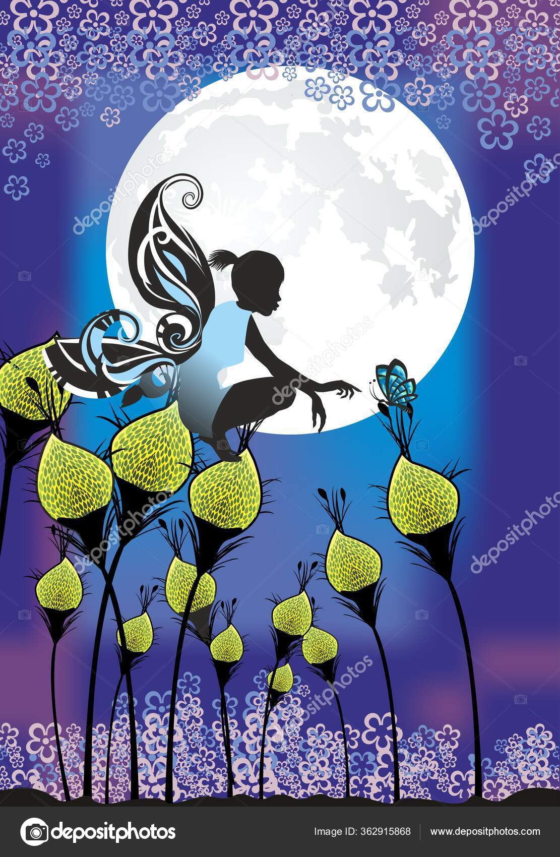 Composición Con Una Chica Elfa Que Está Sentada Una Flor Vector de stock  #362915868 de ©rodzynka, image size:1111x1700