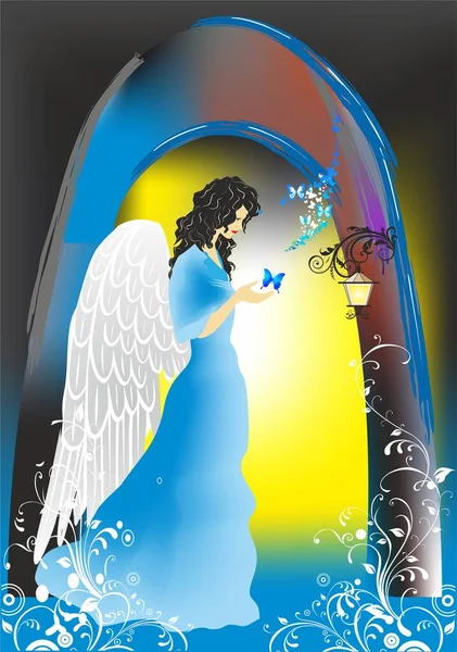 Composition Angel Girl Who Looking Butterfly — Stock Vector