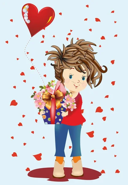 Composition Boy Who Holds Gift Flower Balloon — Stock Vector