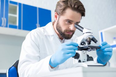 Ciddi bir araştırma. Ciddi güzel akıllı bilim adamı laboratuarda oturan ve ciddi bir araştırma yürütürken çalışmalarına odaklanan
