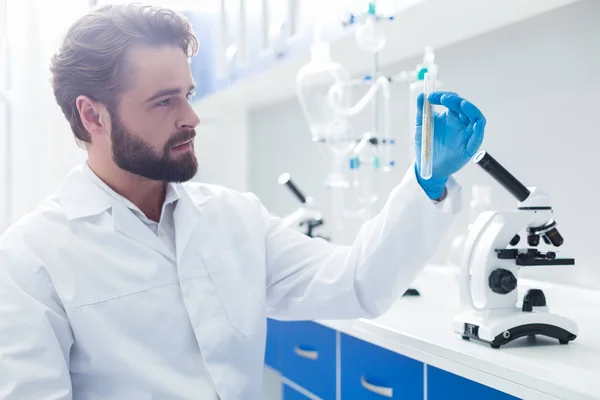 Biological Research Positive Smart Male Biologist Holding Microscope Taking Test — Stock Photo, Image