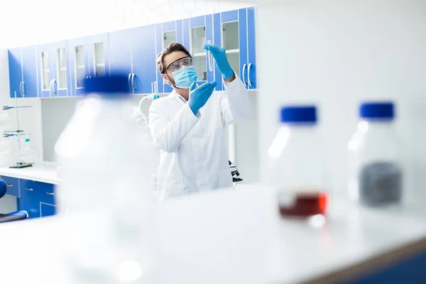 Bio Laboratory Smart Nice Handsome Scientist Standing Lab Looking Test — Stock Photo, Image