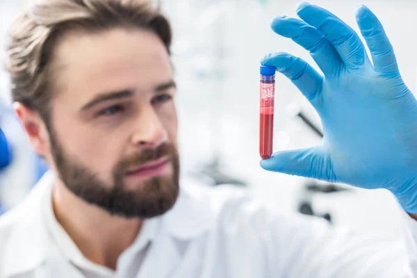 Kan örneği. Güzel bir akıllı profesyonel laboratuvar çalışanı tarafından tutulan kan ile bir test tüpü seçici odak