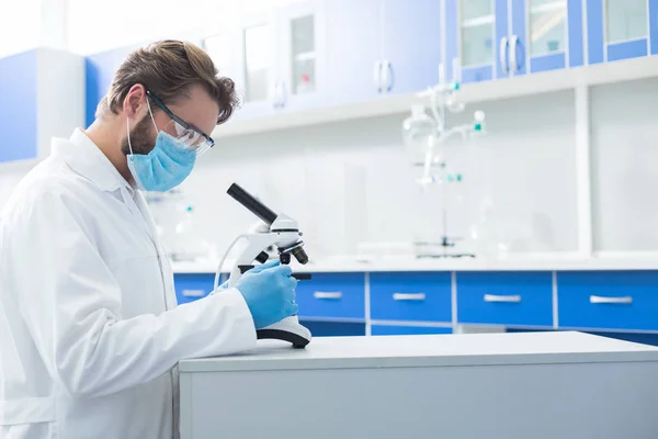 Professional Biologist Smart Nice Handsome Man Standing Microscope Looking While — Stock Photo, Image