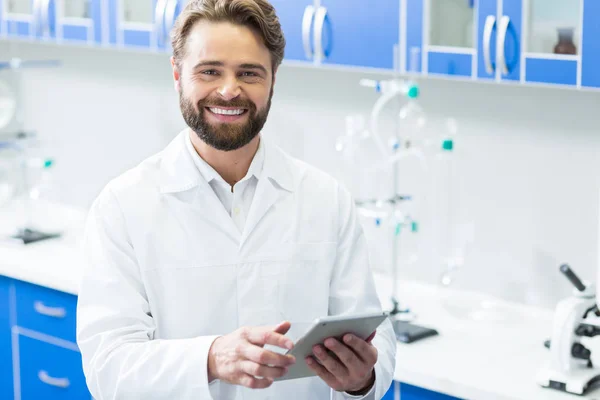 Positive Mood Delighted Handsome Nice Biologist Smiling Looking You While — Stock Photo, Image