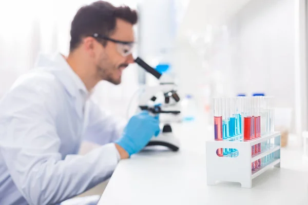 Responsible Work Selective Focus Vials Standing Stand While Man Using — Stock Photo, Image