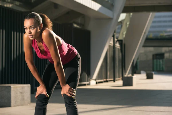 Calm Female Athlete Standing Alone Hands Laps Looking Away Template — Stock Photo, Image