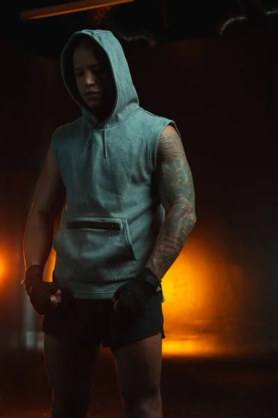 Young Man Wearing Hood Standing Shorts Clenching Fists — Stock Photo, Image